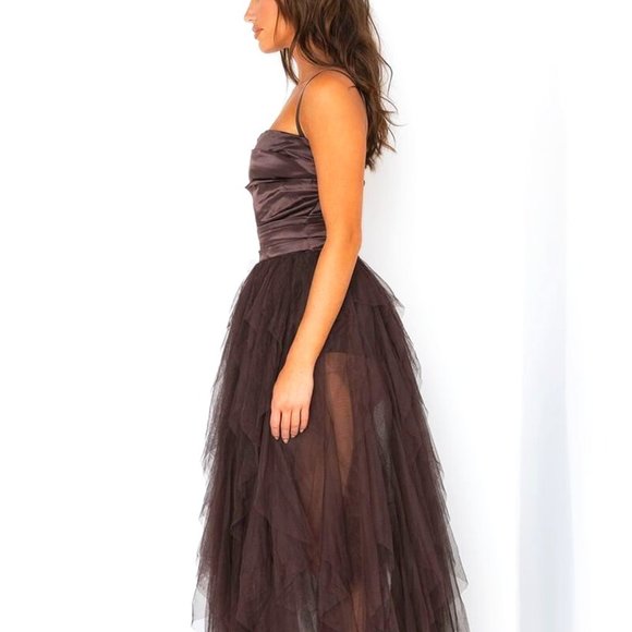 Stasia Chocolate Tulle: Brown Maxi Satin Tube Dress Small - Picture 3 of 5